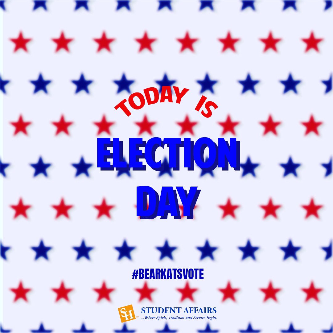 shsustuaffairs's tweet photo. Bearkats, today is #ElectionDay! Don’t forget to get out and #VOTE! ❤️

#SHSU #EatEmUpKats #Bearkats #StudentAffairs #MaskEmUp #WashYourHands #SocialDistance #WhereSpiritTraditionAndServiceBegin https://t.co/C5BcOd5lEI