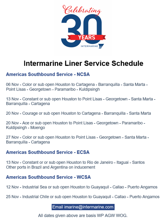 Intermarine_'s tweet photo. Intermarine - Liner Service Schedule - Week 45. For more info, please email imarine@intermarine.com #Intermarine #shipIntermarine #linerservices #shipping #breakbulk #heavylift #maritime https://t.co/zYyX03T82s