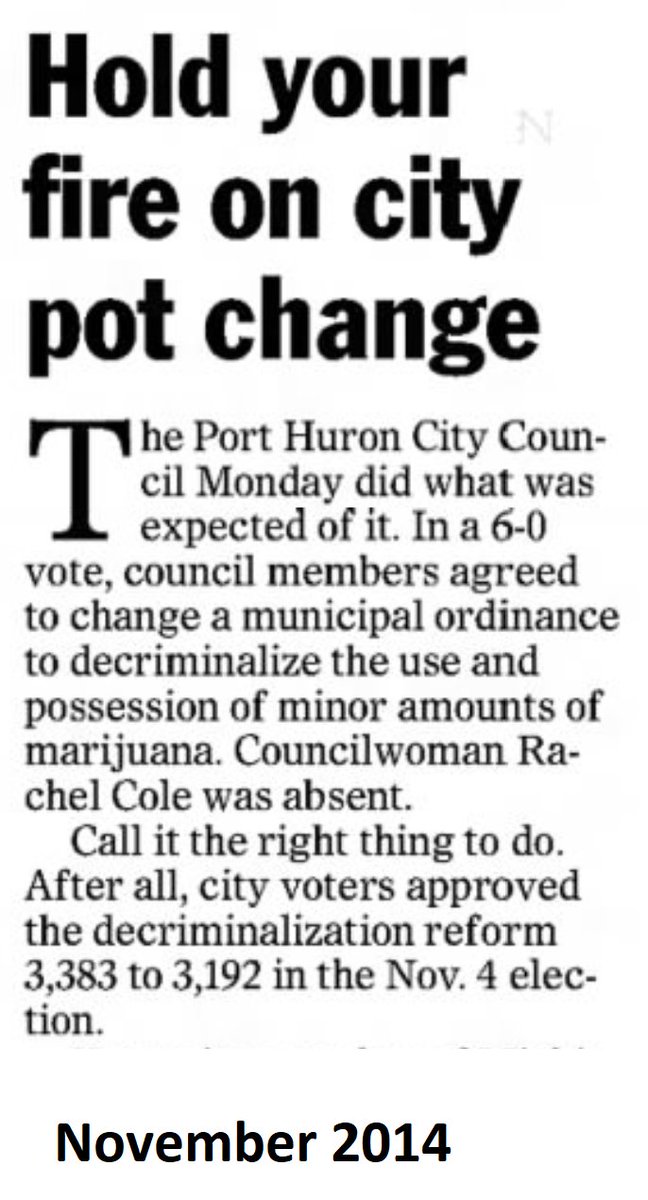 And while voters in  #PortHuron have always voted in favor of marijuana proposals [in 2008 for medical, in 2014, as pictured, to decriminalize, and in 2018 for rec], that paradigm shifts the farther out into St. Clair County you how, where rural township voters reject MJ.
