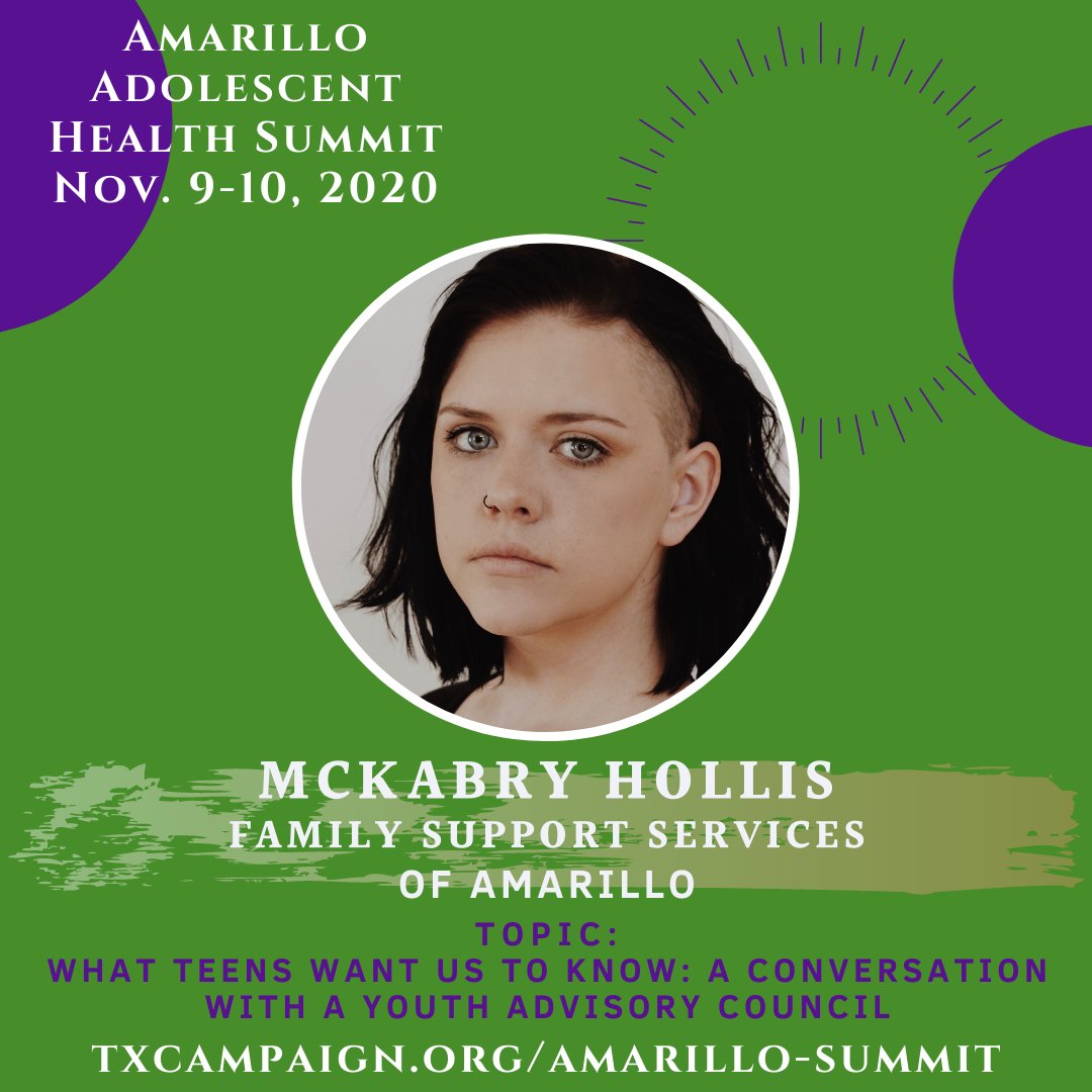 txcampaign's tweet photo. Join us for McKabry Hollis of @fssamarillo's session, "What Teens Want Us to Know: A Conversation with a Youth Advisory Council". 

Have you registered for the Amarillo Adolescent Health Summit yet? https://t.co/qmjaZjvuS4 https://t.co/STmvG8UakH