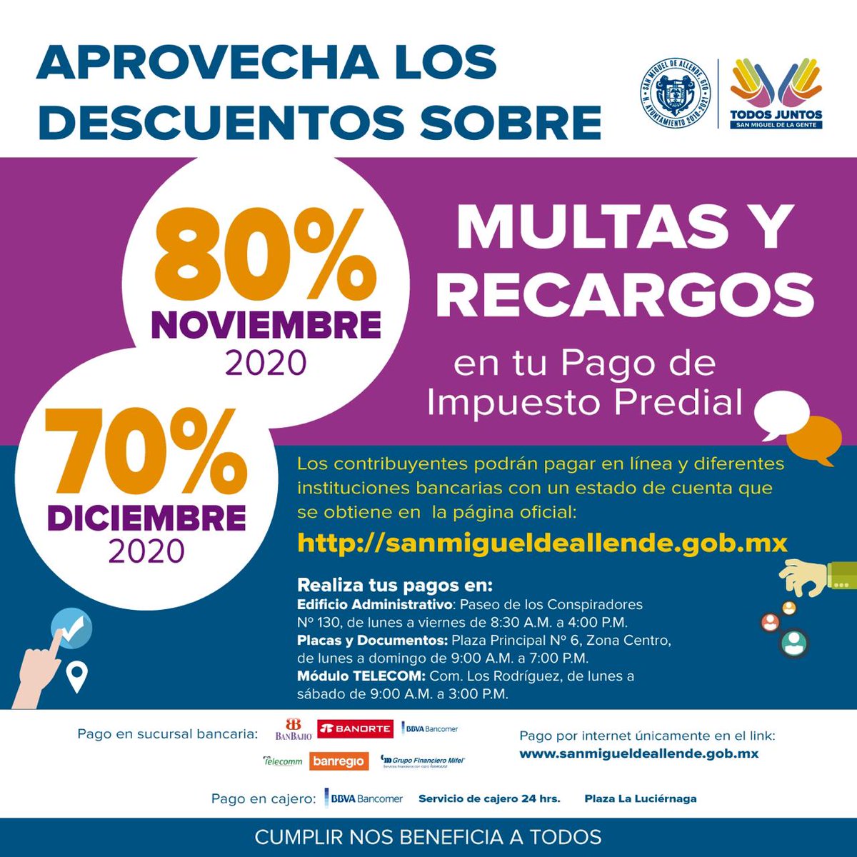 GobSMA's tweet photo. Aprovecha descuentos en multas y recargos en tu pago de impuesto predial, disfruta del 80% en noviembre. #Predial2020
📰👉https://t.co/qu0FklPURZ https://t.co/2FxLAgjiVp