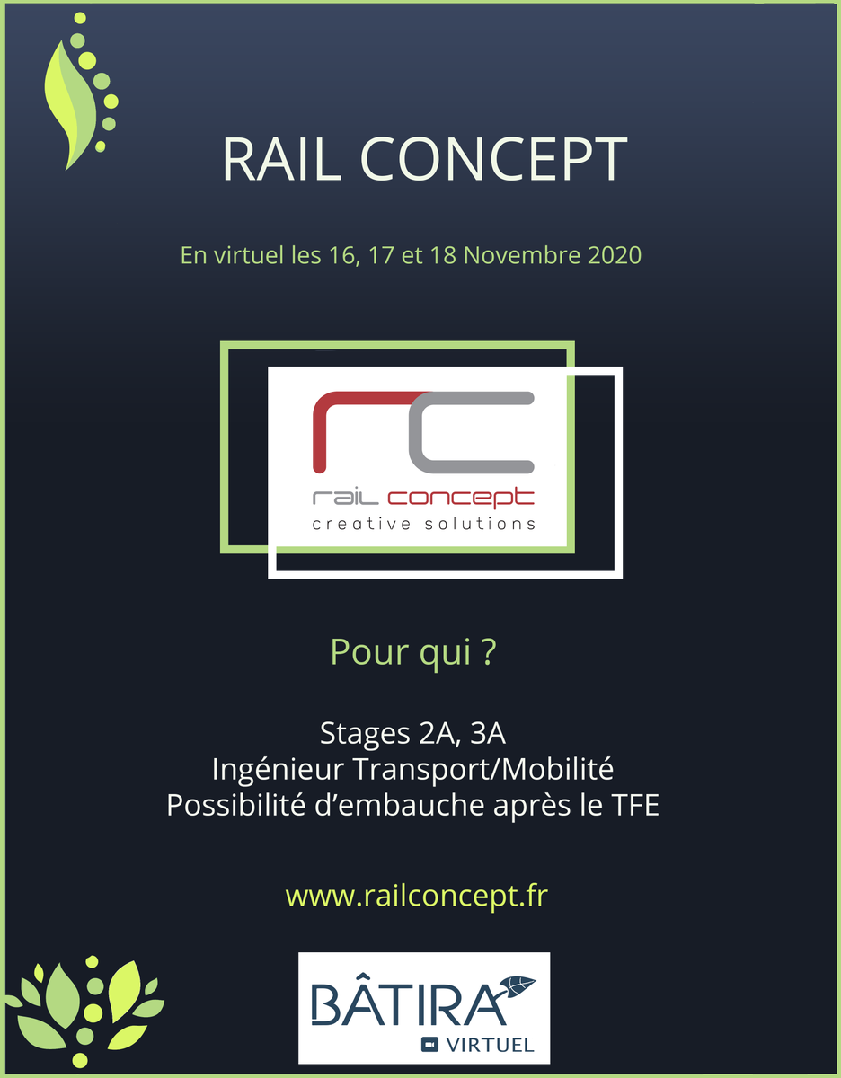 ForumBatira's tweet photo. Rail Concept sera présent au Forum BATIRA 2020 !
Vous pouvez retrouver plus d'informations sur le site Internet https://t.co/oHk3KP5Afj.
Rendez-vous les 16,17 et 18 novembre sur Seekube !
L'équipe BATIRA 2020. https://t.co/oYLRLe8fRH