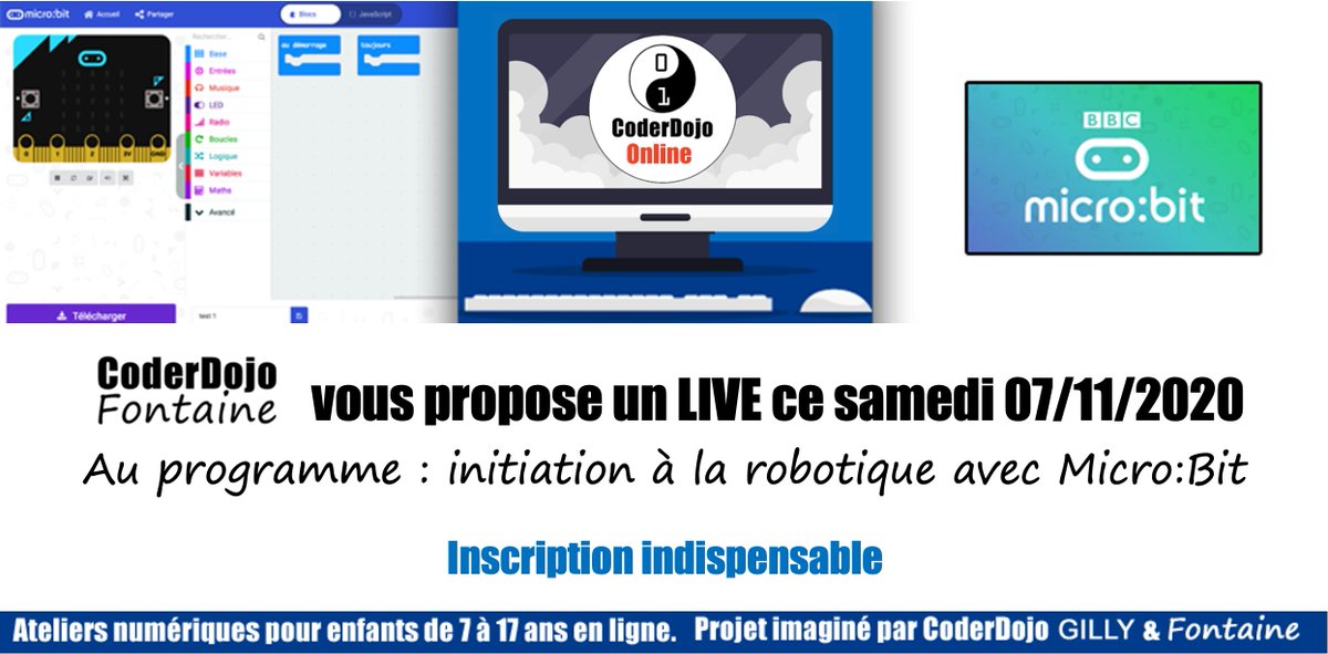 CoderDojoBe's tweet image. Hey les Ninjas&apos; #CoderDojoFontaine vous invite à participer à un Dojo #Online ce samedi 🎧🤖💻avec un super programme d&apos;initiation à la robotique ☯️ Inscription en ligne sur notre site &amp;gt; coderdojobelgium.be/fr
#Coding4Kids #IT #Cool #Online #StayHome @digitalwallonia