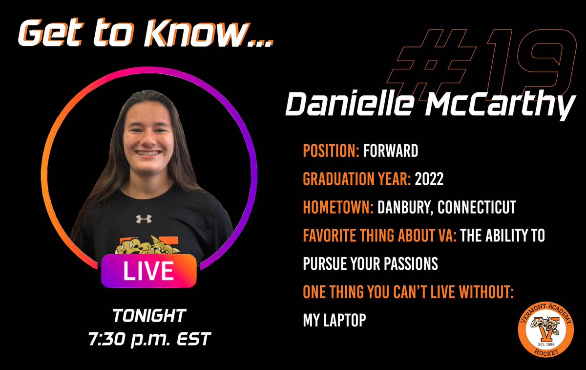 va_hockey's tweet photo. TONIGHT @ 7:30 p.m. tune in to Instagram Live with junior forward Danielle McCarthy ‘22!
Swipe ➡️ to see some of Dani’s highlights #whyVA #VAHockey #MeetVA https://t.co/uKLkCPb7Su