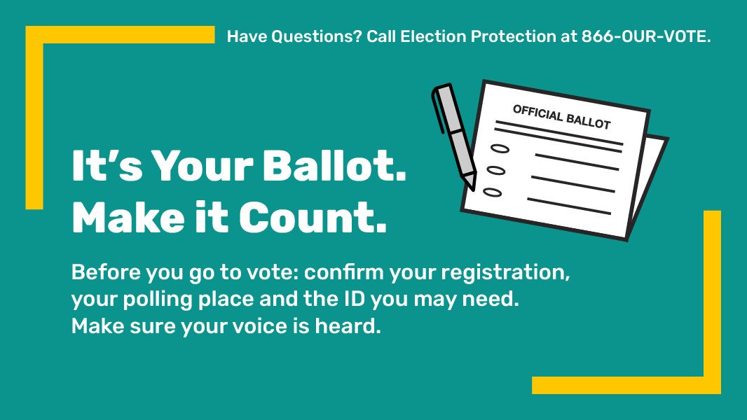 JennSolt's tweet image. Provisional ballots are a last resort. To #BeAVoter: check your registration + polling place and know the ID you need. Have a mail-in ballot but want to vote in person? Many states will allow you to exchange it at the polls. Offered a provisional ballot? Call 866-OUR-VOTE.