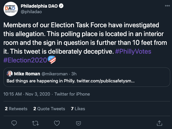3. According to election monitoring authorities in Philly, this tweet is "deliberately deceptive" and the sign is within the bounds of election rules. These images were taken in Philly, PA, a battleground state we're likely to see targeted with more misleading info.