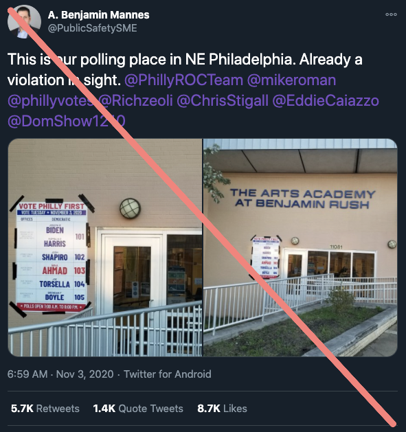 3. According to election monitoring authorities in Philly, this tweet is "deliberately deceptive" and the sign is within the bounds of election rules. These images were taken in Philly, PA, a battleground state we're likely to see targeted with more misleading info.
