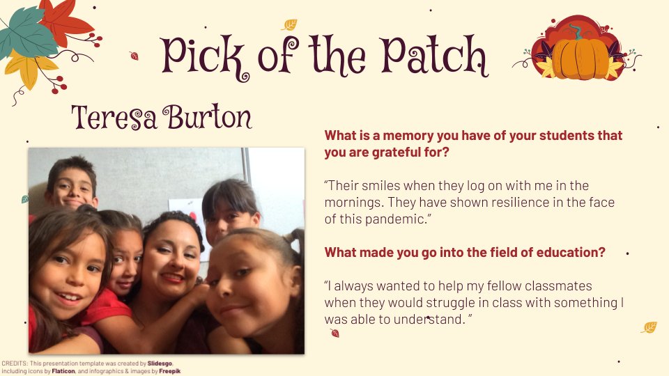 EsHeight's tweet image. Today's Pick of the Patch is our dedicated 2nd grade teacher, Mrs. Burton! #grateful @YsletaISD @ramendozajr #November #pickofthepatch