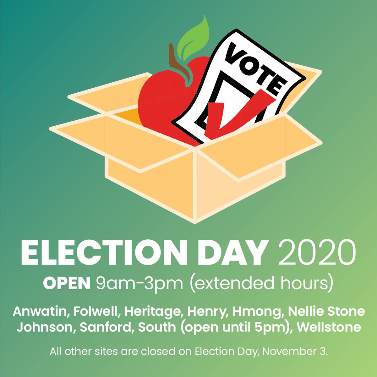 Today is #ElectionDay! Meal box pick-up sites are closed at schools that are polling places, but 9 sites are OPEN with extended hours: 
9am-3pm: <a href="/AnwatinMiddle/">Anwatin Middle School</a>, <a href="/MPS_Folwell/">Folwell Community School</a>, <a href="/MPS_Heritage/">MPS_Heritage</a>, <a href="/MPS_Henry/">Patrick Henry</a>, <a href="/HiaMps/">mps_hia</a>, Nellie Stone, <a href="/mps_sanford/">Sanford Middle</a>, <a href="/MPS_Wellstone/">Wellstone International High School</a> 
 9am-5pm: <a href="/SouthHighMpls/">Minneapolis South</a>
