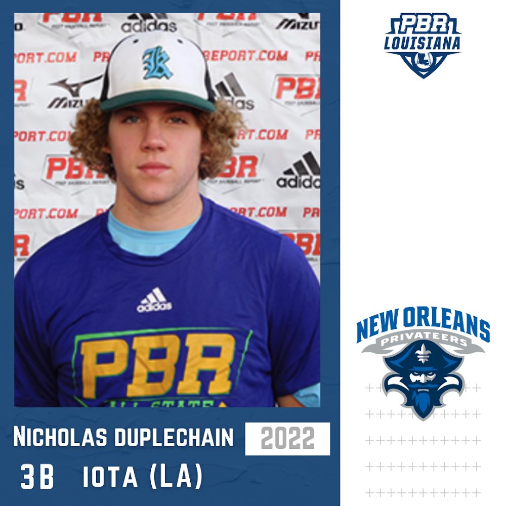 Congratulations to 2022 Nicholas Duplechain (Iota HS) on his commitment to the University of New Orleans.  The 3B/RHP showed off controlled aggression in his swing at the 2019 All-State Games, producing an 89 mph exit velocity, and making hard contact all day.