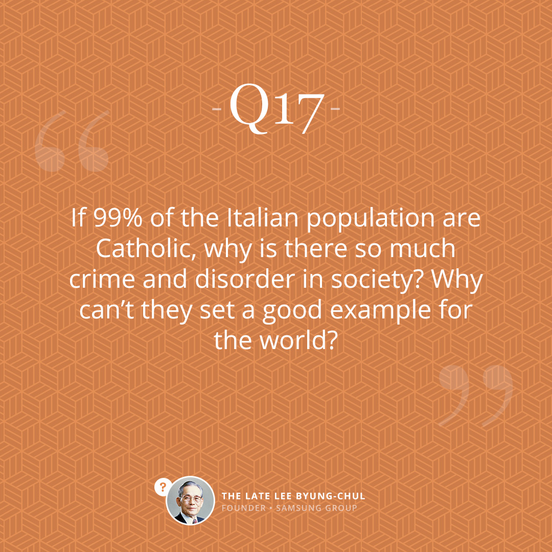 scjchurch_en's tweet photo. #WiseQnA17 If 99% of the Italian population are Catholic, why is there so much crime and disorder in society? Why can't they set a good example for the world?
#Catholic #population #world #society #bible #ShincheonjiChurch #WiseAnswer #ManHeeLee #religion https://t.co/CmER0NSIuc