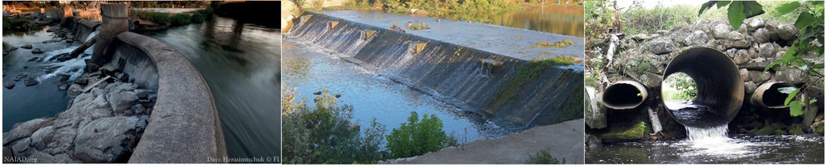 It's been a few hours, so, let's keep moving for today's  #DamOrNot warm-up! Here are pics of the infrastructure I asked you about in the poll: dam, weir, and culvert! All of these can occur along rivers, streams, and even lakes! I’ll break it down a bit more now.