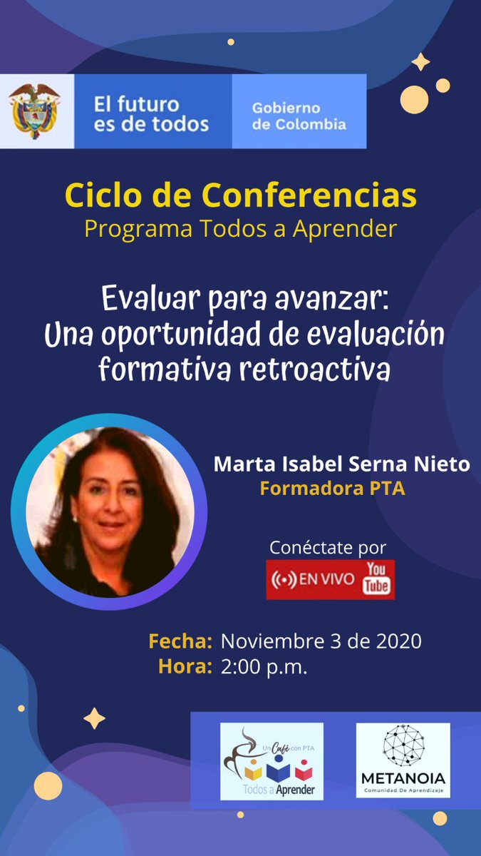 MartaISernaN's tweet photo. .@PTA_Colombia Hoy, a las 2 p.m., en nuestro canal YouTube #CDAMetanoia "Principios de la Evaluación formativa y Evaluar para Avanzar como una oportunidad de EF retroactiva" @ICFEScol @Mineducacion
https://t.co/YdgoMzWwJp
@constanzaalarc @ingridpcalderon https://t.co/jfbSaIlHCq