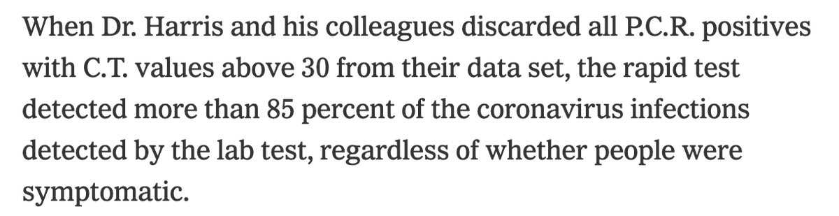 The NYT article eventually reports the much more relevant metric... 22 paragraphs in!(Note: “Ct values” move in the opposite direction of viral count. Ct values below 30 correspond to high viral counts. Ct above 30 indicates trace amount of virus.)
