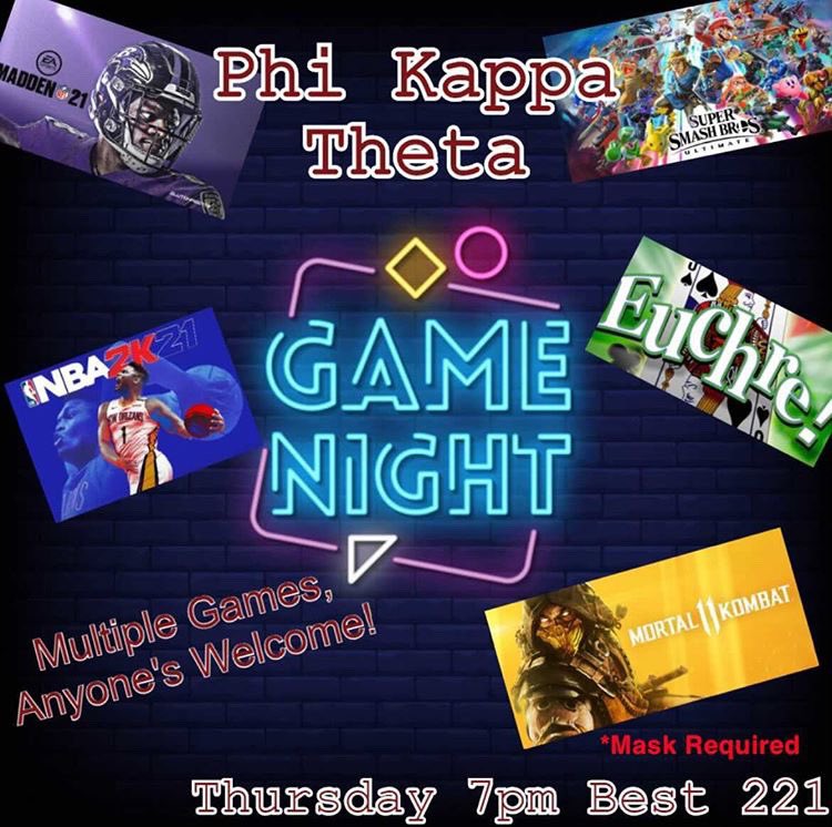 This Thursday. Best Hall, Room 221. Game Night with Phi Kaps. Be there!🎮🎊