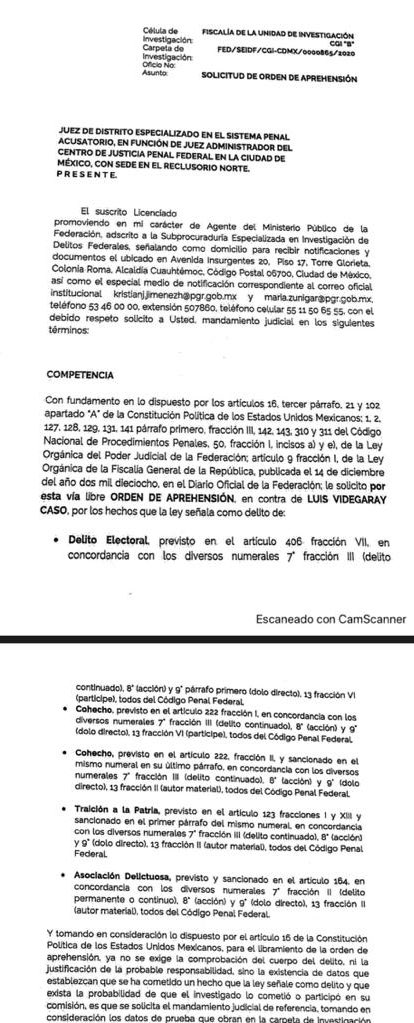 CarlosLoret's tweet photo. Este es el documento con el que se pidió la orden de aprehensión contra Luis Videgaray por traición a la patria, cohecho, asociación delictuosa y delito electoral. Ayer le adelantamos en exclusiva antes que nadie en @latinus_us. El presidente confirmó nuestra exclusiva. https://t.co/3hWqp75MHH