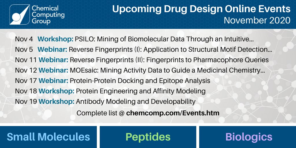 CCG_MOE's tweet photo. [Online Events] 📢 Update - Upcoming free #Biologics &amp; #SmallMolecule #DrugDesign Workshops &amp; Webinars 😎 More @ https://t.co/yFkDyjSu33 #SBDD #LBDD #FBDD #MedChem #CompChem #AntibodyModeling #ProteinEngineering #ProteinDocking #CADD #drugdiscovery https://t.co/IjxBJz9tHd