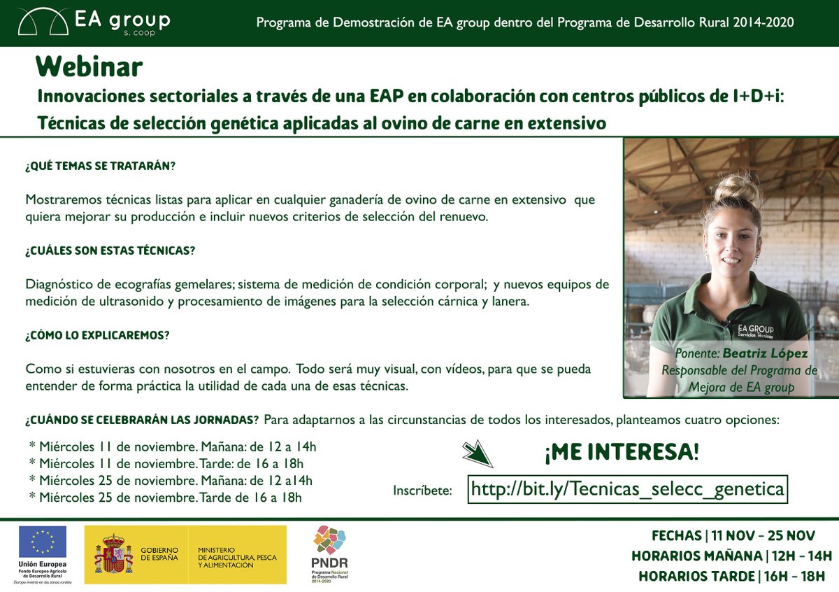 💻 WEBINAR || Técnicas de selección genética aplicadas al ovino de carne en extensivo🐑

📅 Fechas: 11 y 25 de noviembre (horarios de mañana y tarde)

Inscripciones: 
 
 ➡ bit.ly/Tecnicas_selec…