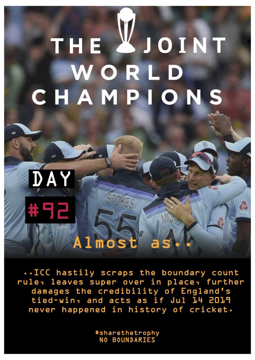 CWC19Winner's tweet photo. @ICC @cricketworldcup Congratulations @ZimCricketv, great fight both teams🤜
#HelloICC, so we continue a super over LOTTERY at the end of 100 overs🤨?
No Toss for super over either😐
Ties, as rare as they are, no longer acceptable result in ODIs, strange🧐
#ShareTheTrophy #2YearsEach https://t.co/oVw4CTTeVg