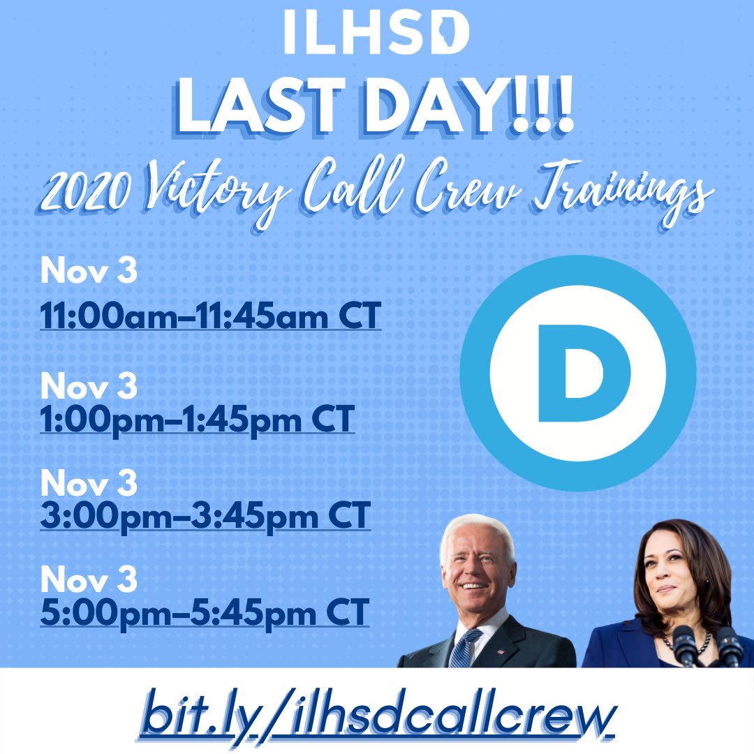 ILHSDems's tweet photo. Last day!!! Join 2020 Victory Call Crew Trainings all throughout today to help save our democracy!!! 🌊🌊 #bluewave #election2020 https://t.co/mD2LwiiLNA