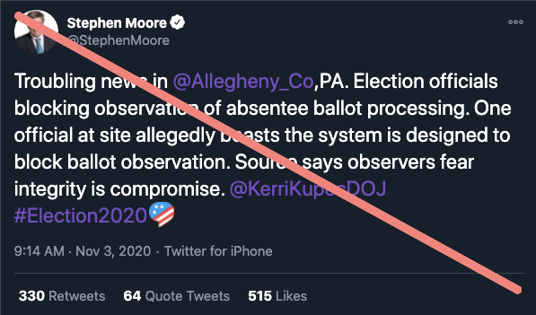4. According to officials in Allegheny, PA, they have had no issues or concerns with ballot counting, contrary to a viral tweet saying otherwise. "No one is being blocked from anything," the officials tweeted.