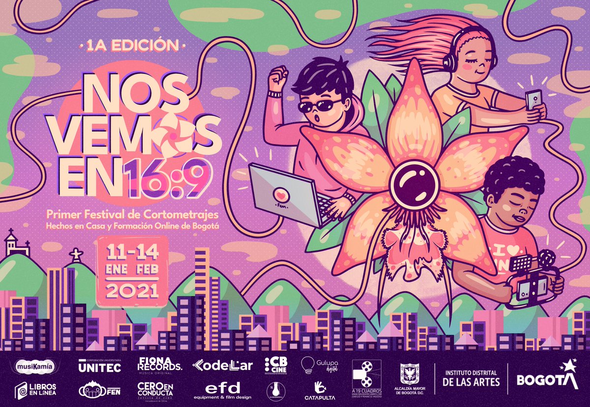 Tenemos el gusto de presentarles la imagen oficial de la 1A EDICIÓN de NOS VEMOS EN 16:9 - Primer Festival de Cortometrajes Hechos en Casa y de Formación Online de Bogotá, que tendrá lugar del 11 de enero al 14 de febrero del 2021 y abrirá convocatoria este 20 de noviembre.