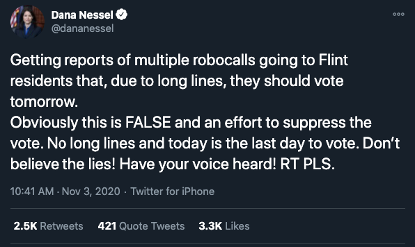 5. The Attorney General in Michigan is reporting misleading robocalls going out to voters in Flint falsely saying residents should vote tomorrow. "Today is the last day to vote," she tweeted.