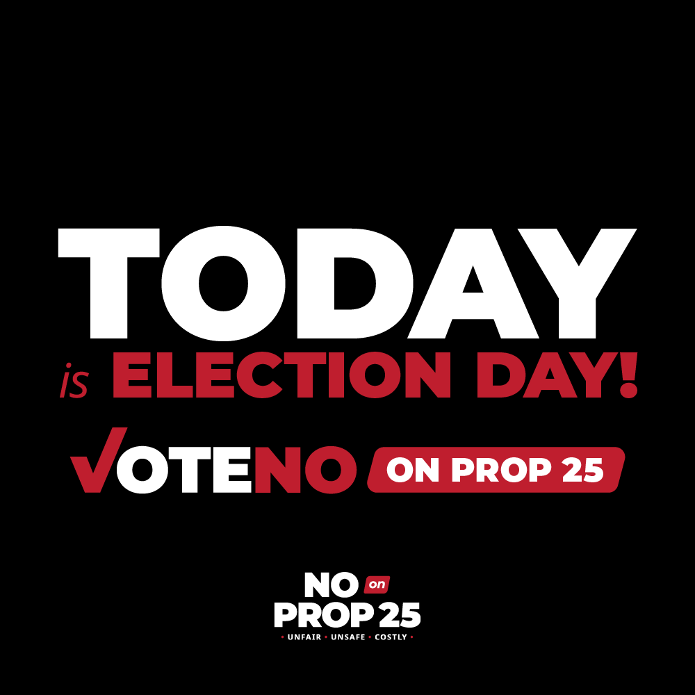 stopprop25's tweet photo. It's Election Day! Your vote can make a difference. Stop racially biased algorithms that attack our constitutional rights. Vote NO on Prop 25! #StopProp25 https://t.co/Drbd3wm2RA
