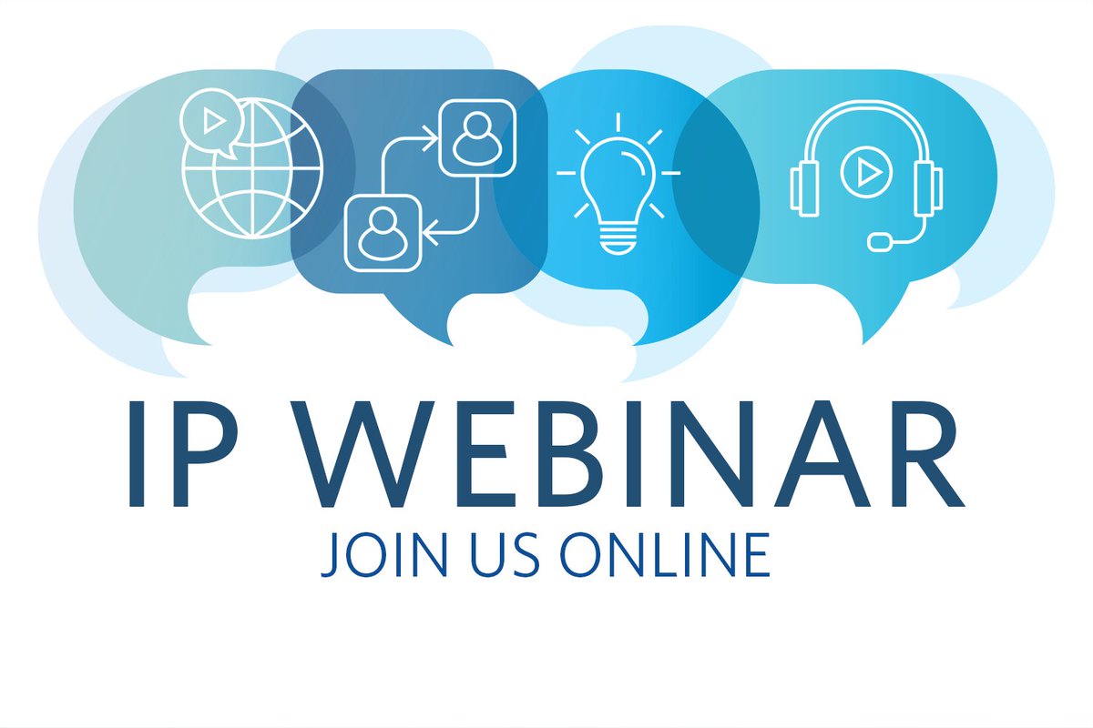 Graphic that reads, "IP webinar, join us online." Images of chat bubbles and digital communication graphics.