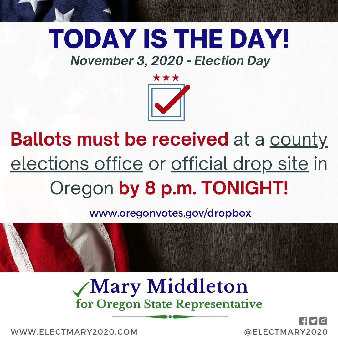 ElectMary2020's tweet photo. TODAY IS THE LAST DAY TO RETURN YOUR BALLOT! Elections have been won &amp; lost in the past by a handful of votes. YOUR VOTE MATTERS! Ballots must be received by 8 pm​ TONIGHT. Find your nearest drop site here: https://t.co/tOgFJ9uGTm

#electmary2020 #middletonfordistrict4 @DemCastOR https://t.co/DHHugiC9Db