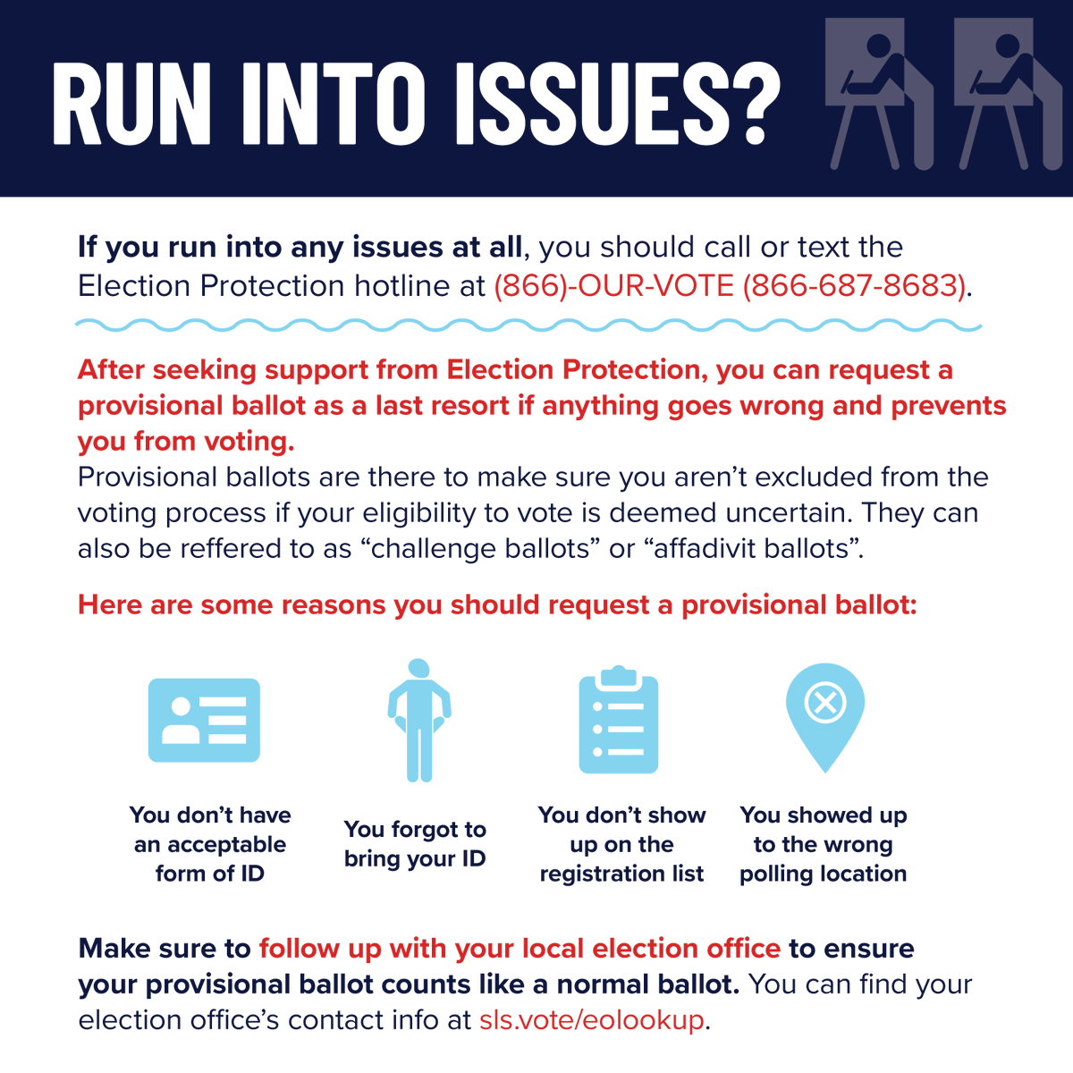 Students Learn Students Vote Coalition (@slsvcoalition) on Twitter photo If you run into any issues voting, call <a href="/866OURVOTE/">Election Protection</a> before you cast a provisional ballot. Only cast a provisional ballot as a last resort. #StudentVote If you run into any issues voting, call <a href="/866OURVOTE/">Election Protection</a> before you cast a provisional ballot. Only cast a provisional ballot as a last resort. #StudentVote