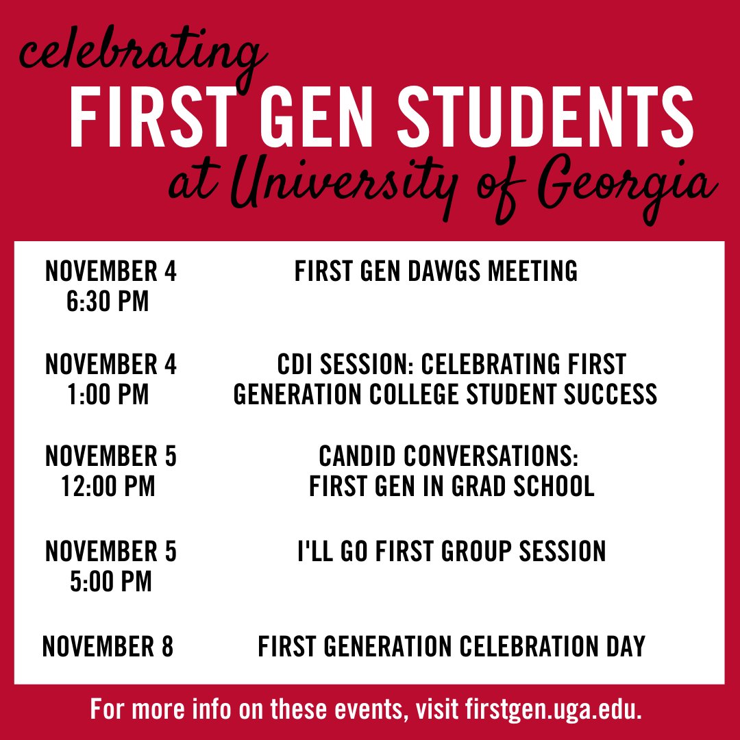 UGAStudent's tweet image. This year’s #FirstGenCelebration is virtual! Check out this list of events for UGA students, staff, and faculty. More info at firstgen.uga.edu #FirstGenDawgs #FirstGenForward @uga_dae