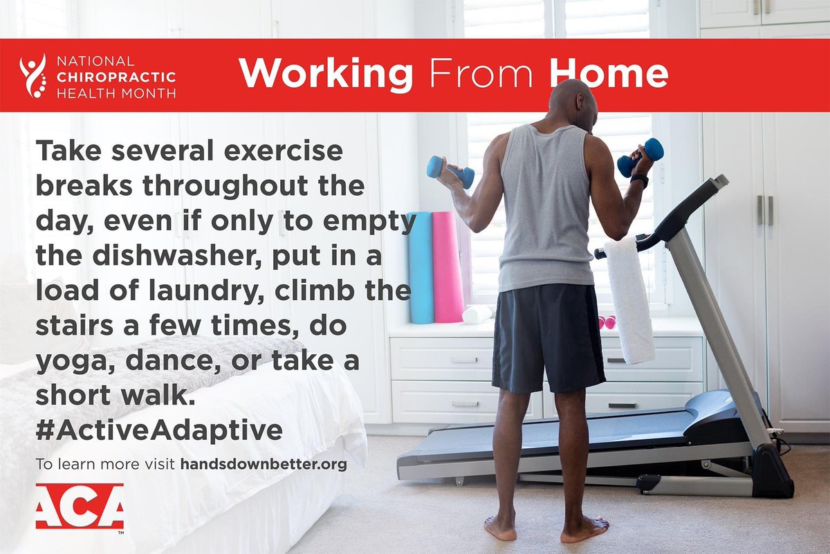 ChiropracticMY's tweet photo. Thanks for celebrating National Chiropractic Health Month with us in October! Here’s one final tip for those of you working at home and it’s the most important one. Take frequent breaks and exercise! #activeadaptive https://t.co/CYV6ZKCp3t