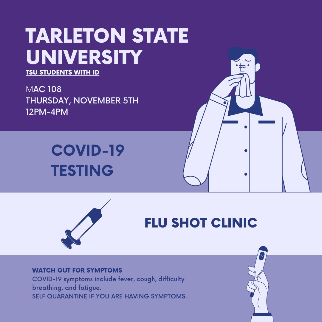 TarletonWaco's tweet photo. COVID testing and FLU shots with student ID!

This Thursday, November 5th, from 12 PM - 4 PM in MAC 108. 

Stay well, Texans! 

#TarletonWaco https://t.co/JKp4ObSPoM