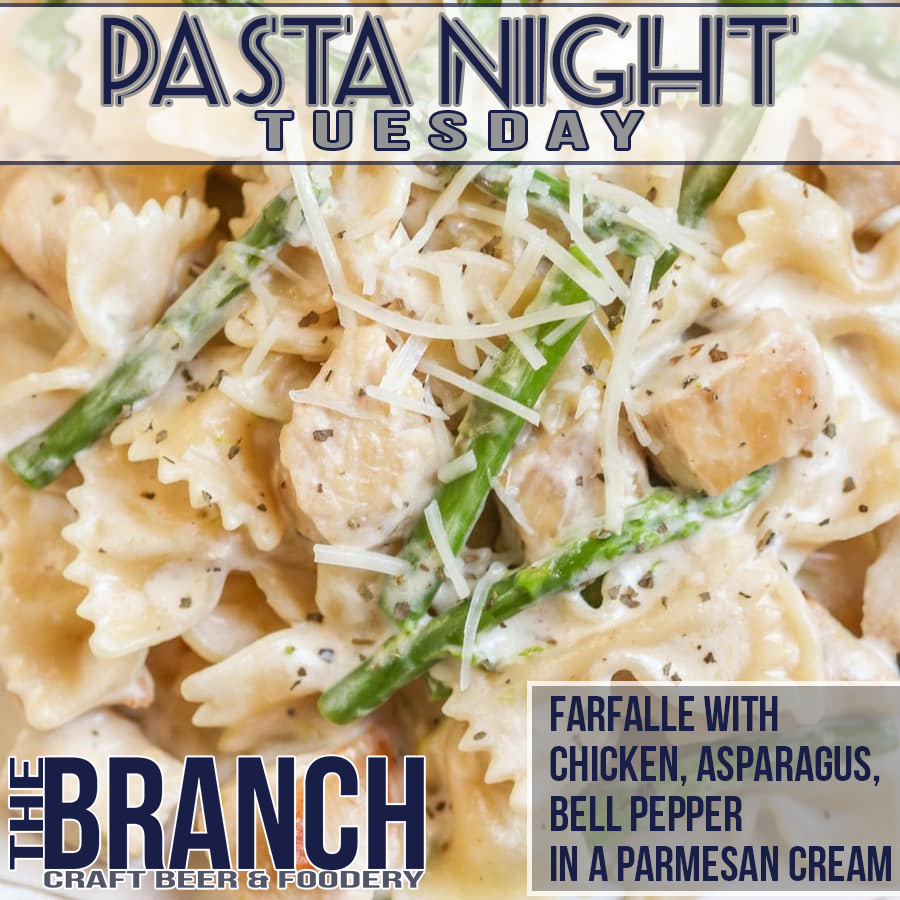 #PastaNight
Farfalle with Chicken, Asparagus, Bell Pepper in Parmesan Cream Sauce.
Doors Open at 5pm

#thebranch #eatlocal #drinklocal #supportlocal #springbranch #longpoint #onpoint #supportsmallbusiness