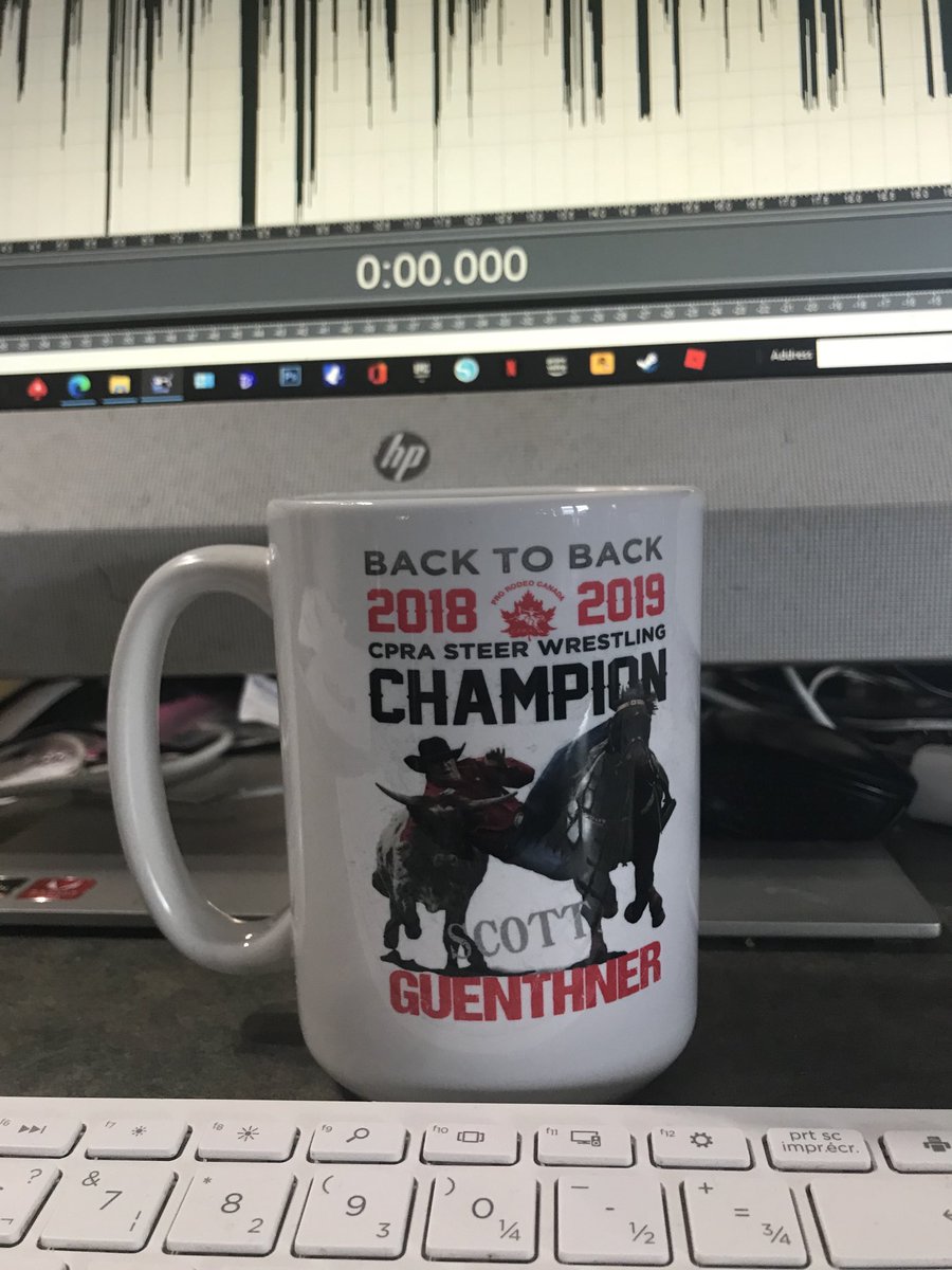 In honor of what should’ve been opening night of ⁦@CFRRedDeer⁩, nothing like a morning coffee in a ⁦<a href="/prorodeocanada/">Pro Rodeo Canada</a>⁩ champion’s mug! ⁦<a href="/ScottGuenthner/">Scott Guenthner</a>⁩