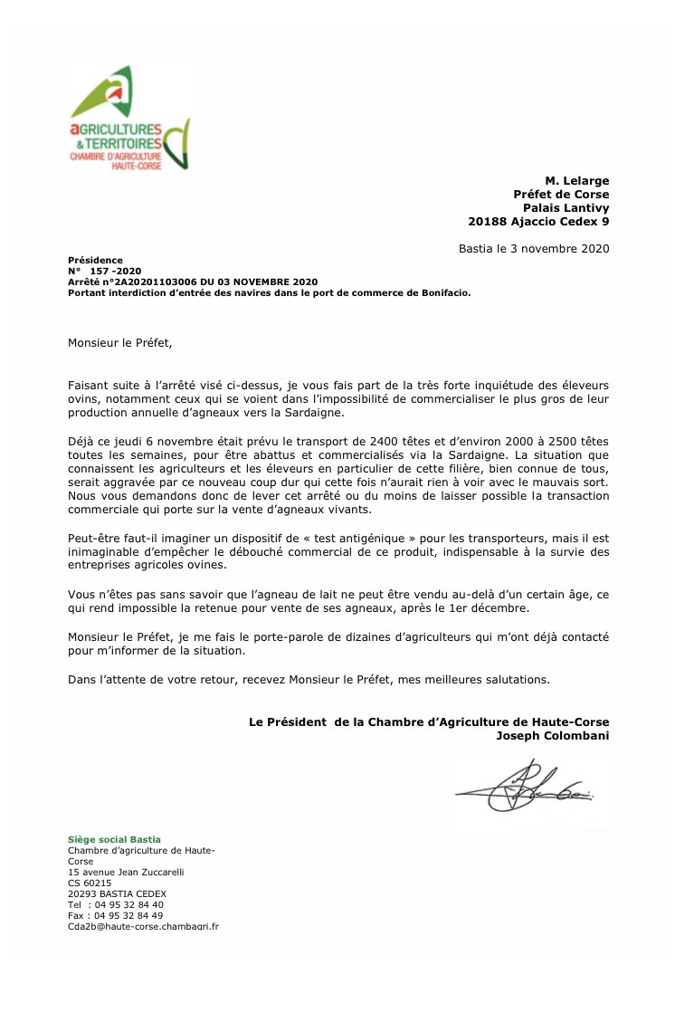 CDA2B's tweet photo. Le Président de la #cda2b, Joseph Colombani, demande au Préfet de Corse de lever l’arrêté portant sur l’interdiction d’entrée des navires dans le Port de Bonifaziu et de laisser possible la transaction commerciale qui porte sur la vente d’agneaux vivants. https://t.co/xPg7I2dfvS