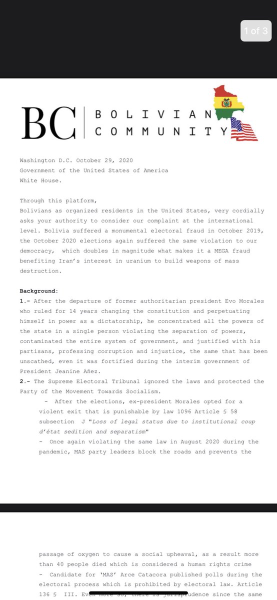 RealYasserAburd's tweet photo. @POTUS @FLOTUS @OAS_official @tedcruz @marcorubio @CIDH 
Bolivian people need to be heard.
#FraudeBolivia2020 https://t.co/Rzznoqg6DO