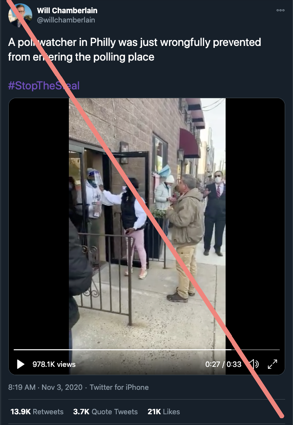 6. This video seemingly showing a poll watcher get denied entry is misleading. Poll workers can clearly be heard saying the man is not registered at the correct location. That's because each party is only allowed one watcher per location (src:  https://www.phillymag.com/news/2020/11/02/pennsylvania-poll-watchers/) .