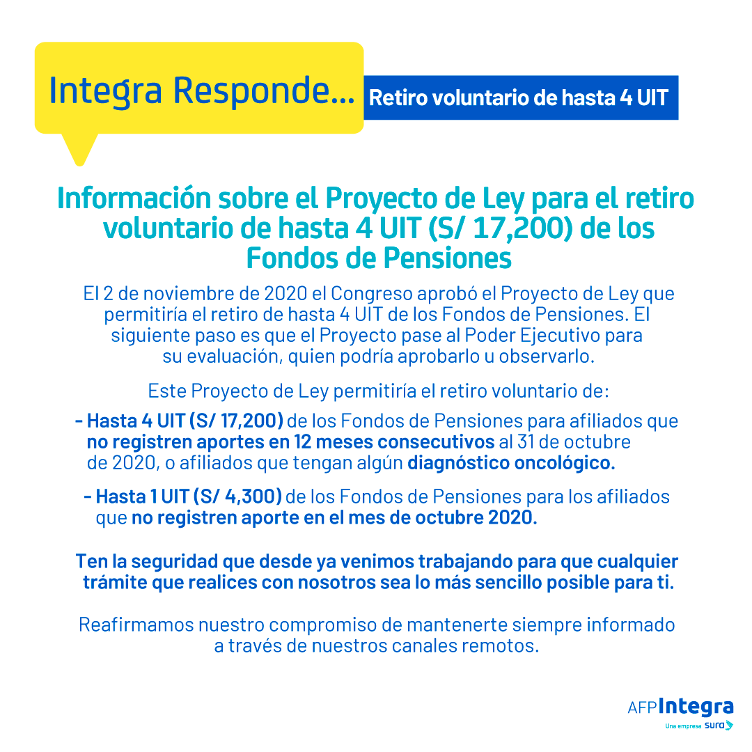 AFP_Integra's tweet photo. #IntegraResponde: Información sobre el Proyecto de Ley que permitiría el retiro voluntario de hasta 4 UIT (S/ 17,200) de los Fondos de Pensiones. https://t.co/MfcHEkdzAB