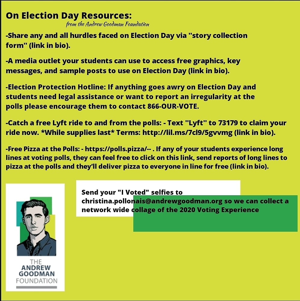 txsudossem's tweet photo. Election Day Resources from the Andrew  Goodman Foundation! TSU ispart of their HBCU Cohort and excited to see the resources available to students this election day! 

Links are in bio!

#TXSU #TXSU24 #TXSU23 #TXSU22 #TXSU21 #vote #electionday @andrewgoodmanfoundation https://t.co/D58GeTI5Da