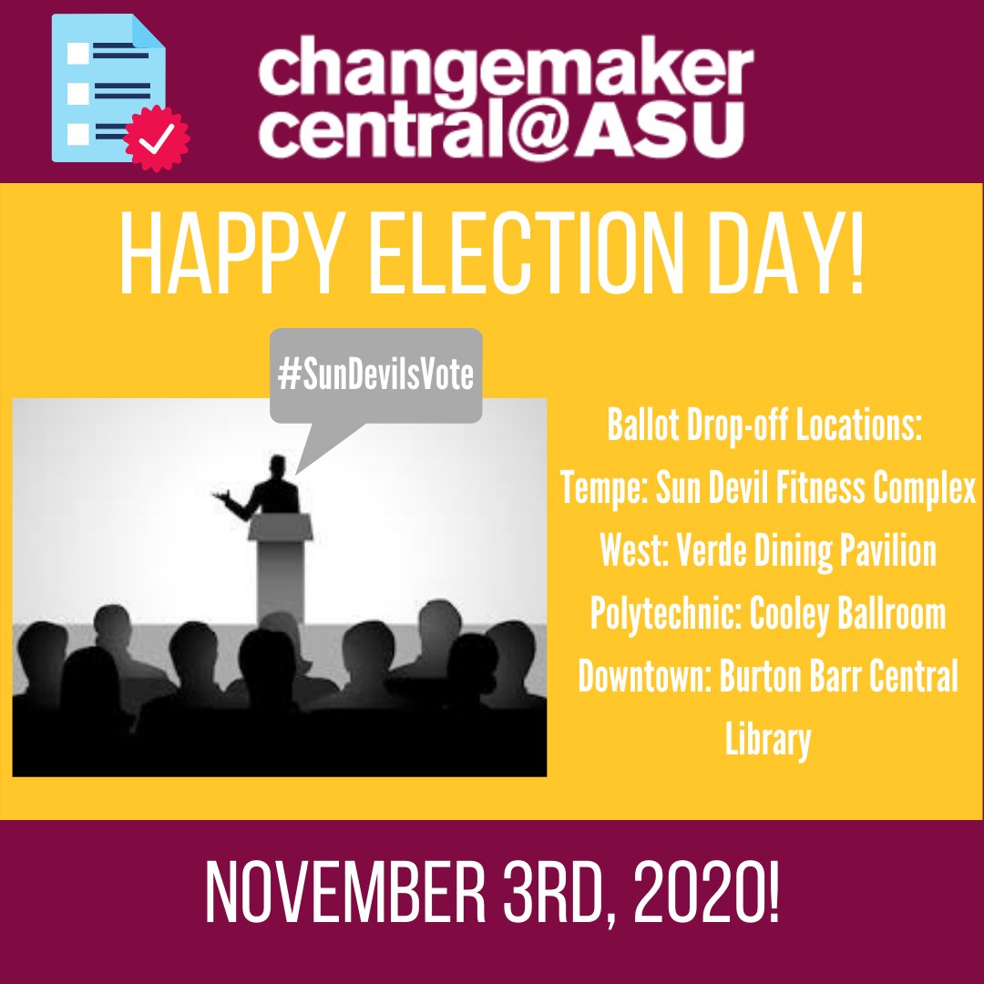 ASUchangemaker's tweet photo. Today's the day, sun devils... Happy Election Day! 🎉 If you are eligible to vote, make sure to vote by 7 PM today!🗣️

Polling locations include: 

-  Tempe: SDFC
- West: Verde Dining Pavilion
- Poly: Cooley Ballroom
- Downtown: Burton Barr Central Library

 #SunDevilsVote. ☑️ https://t.co/HnCUp9ErOp