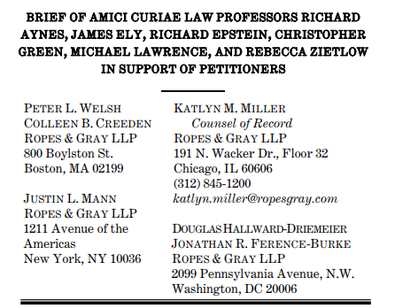 First up, the brief for a coalition of law professors who study constitutional law and have a few things to say about the Fourteenth Amendment.  https://ij.org/wp-content/uploads/2011/10/20-361-Law-Professors-Amicus-Brief-003.pdf