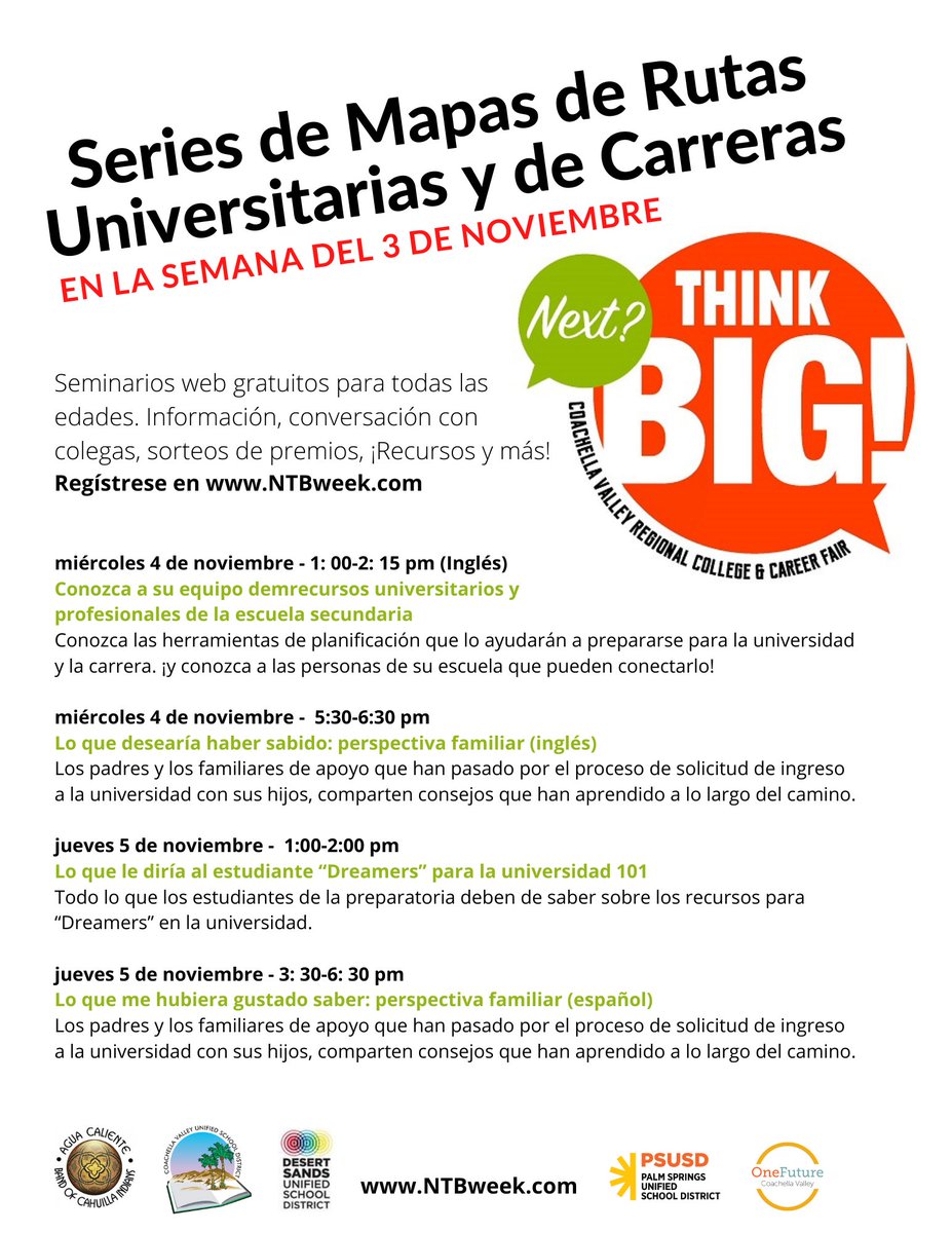 CollegeCareerDS's tweet photo. Seminarios web gratuitos para todas las edades. Información, conversación con colegas, sorteos de premios, ¡Recursos y más!Regístrese en https://t.co/DXjb92uH7V #College #Career #CollegeFair #Careerfair #NextThinkBig #Virtual #CollegeKickoffDS https://t.co/lUJvT2szqX