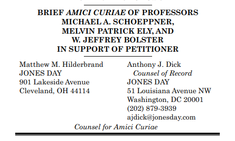 Next up, the brief of three historians who study African American history, particularly in the antebellum South.  https://ij.org/wp-content/uploads/2011/10/20-361-tsac-Schoeppner-Ely-and-Bolster.pdf