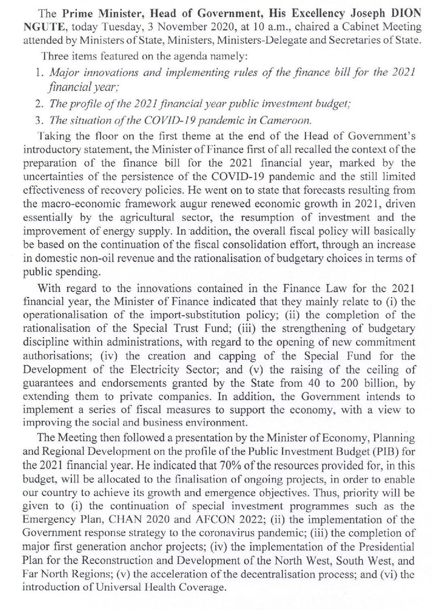 CameroonPm237's tweet photo. #CabinetMeeting
Press Release following the Cabinet Meeting of Tuesday, 3 November 2020. On the agenda, topics relating to the Financial Bill and the public investment budget for the 2021 financial year, and the situation of the #Covid-19 pandemic in #Cameroon.
#DionNgute https://t.co/45gUKJsHTN