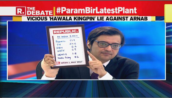 republic's tweet image. #ParamBirLatestPlant | Viewers, if you come to my office you will see this piece of paper framed. This is the first week of ratings when Republic was launched. It tells me that we live on the blessings of the people, you cannot get that with a hawala transaction: Arnab