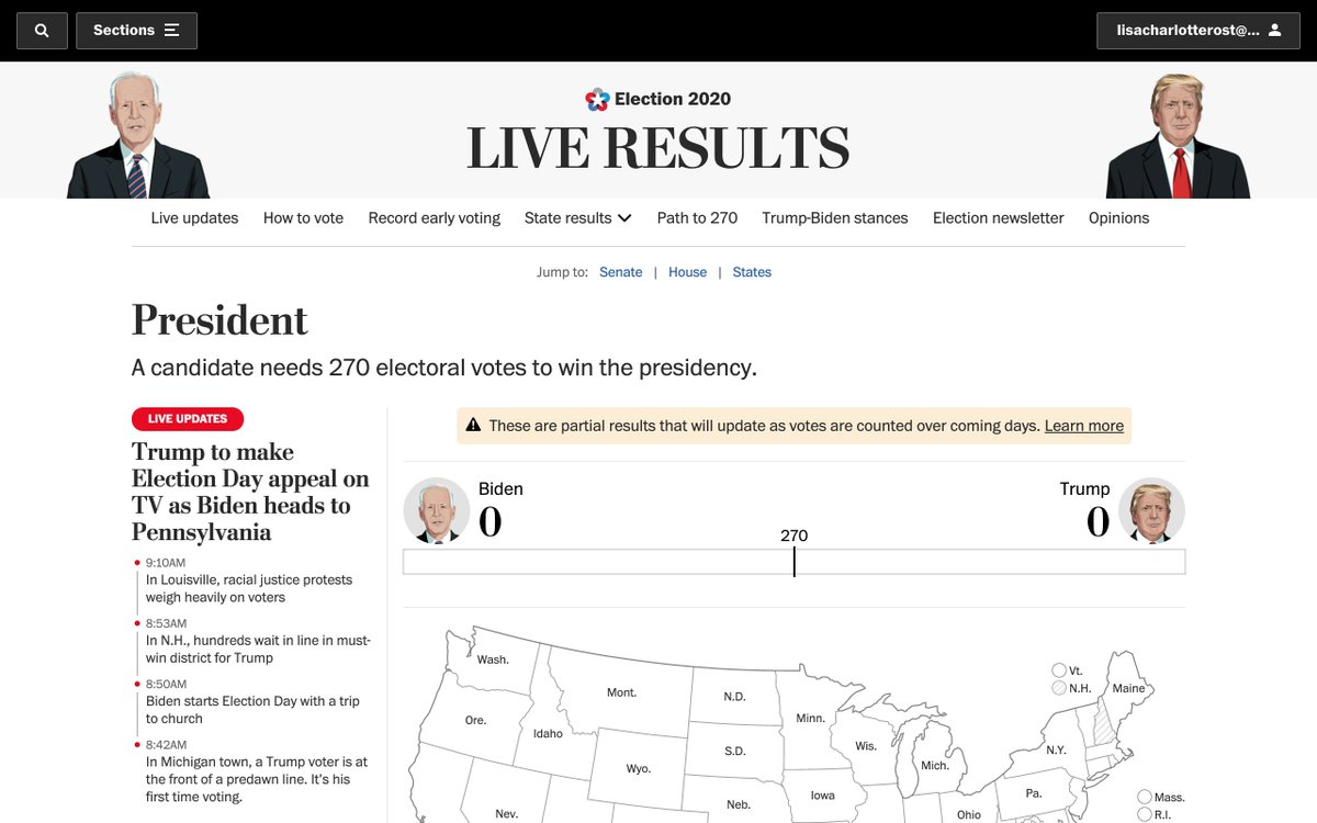 Out so far:  Bloomberg:  https://www.bloomberg.com/graphics/2020-us-election-results/ Washington Post:  https://www.washingtonpost.com/elections/  The Guardian:  https://www.theguardian.com/us-news/ng-interactive/2020/nov/03/us-election-2020-live-results-donald-trump-joe-biden-who-won-presidential-republican-democrat Fox News:  https://www.foxnews.com/elections/2020/general-results