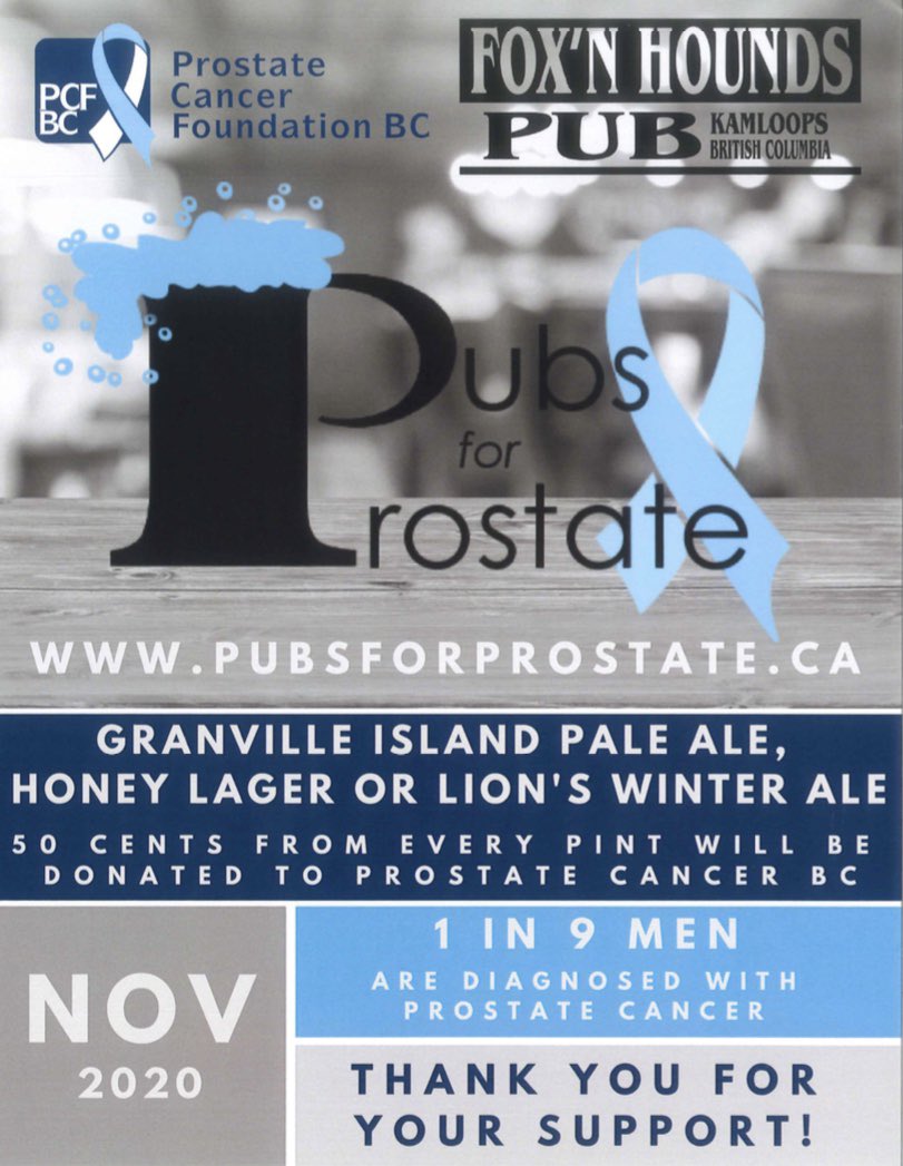 foxnhoundspub's tweet photo. For the whole month of November, we'll be participating in Pubs for Prostate! With every pint of Granville Island Brewing Honey Lager, Pale Ale or Winter Ale a portion will be donated! https://t.co/nRMSzUgigY
