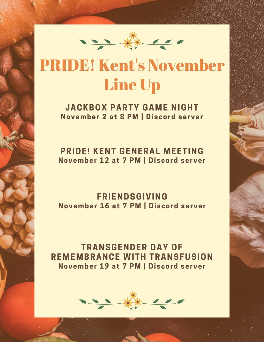 This month, PRIDE! Kent is serving up some fun events just for you! I hear it goes great with mashed potatoes and gravy 🍽 Check out our flyer below to see what's coming up!